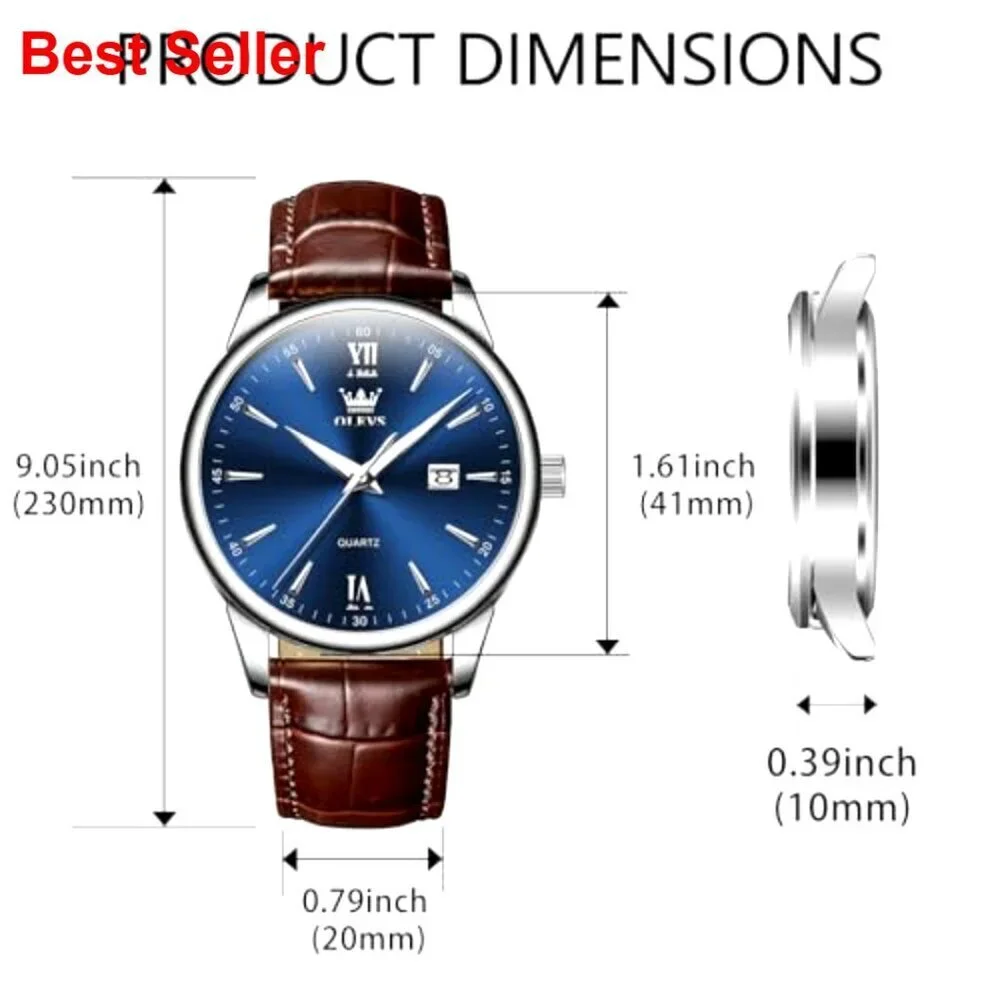 Stainless Steel Men's Watch with Leather Band, Waterproof, Date Display